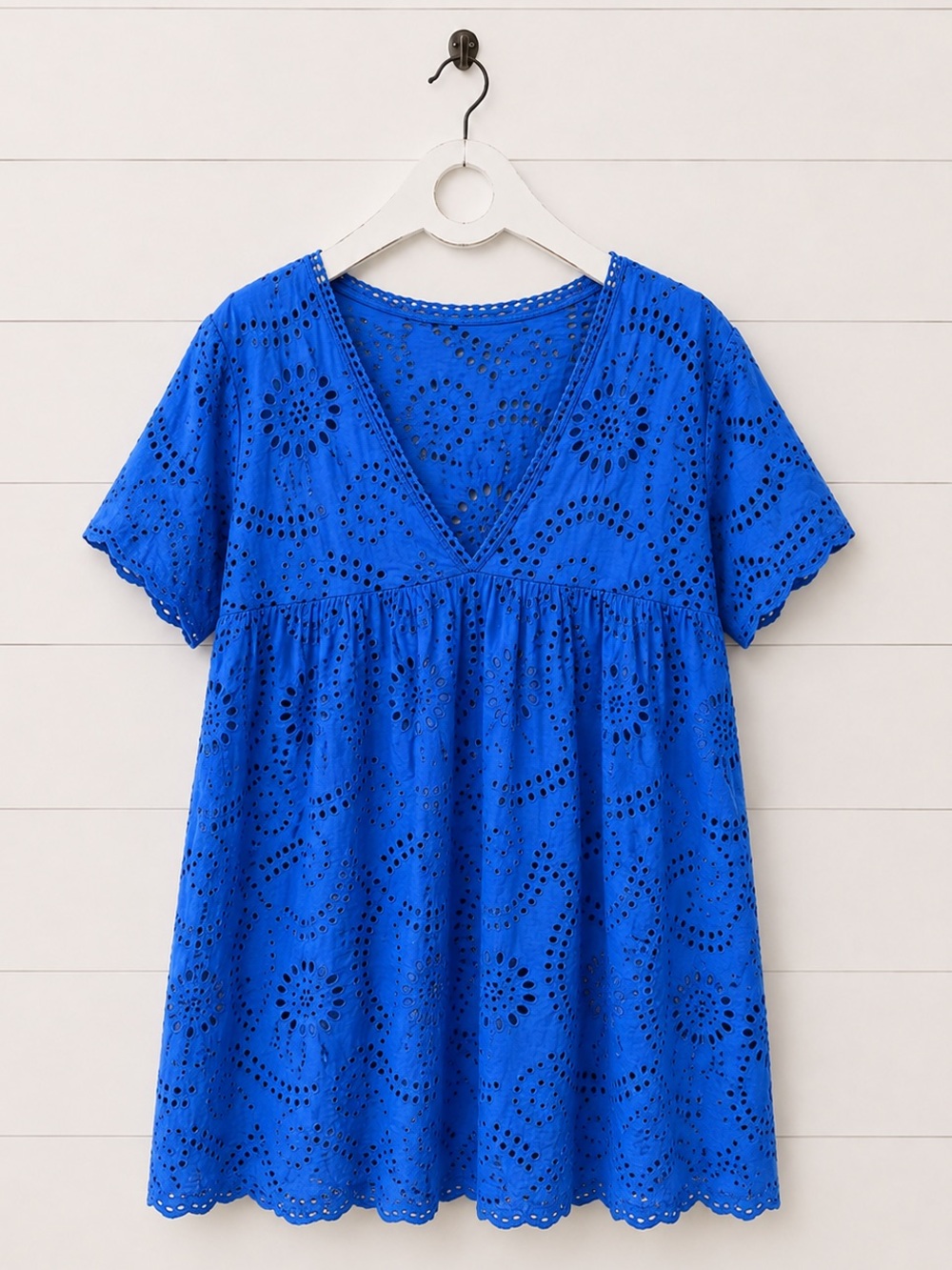 Eyelet V-Neck Short Sleeve Dress - Cobalt Blue